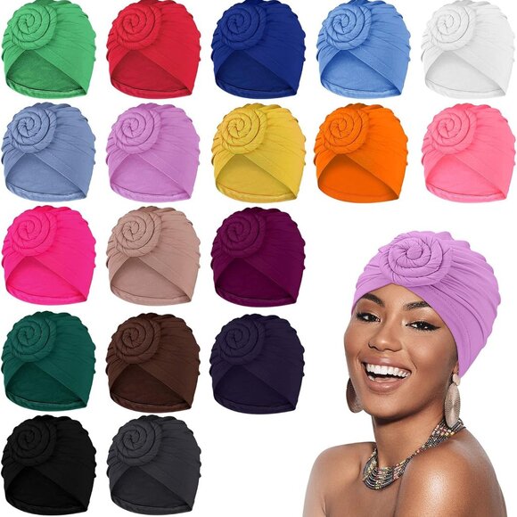 18 Pcs Women Turban African Pre Tied Bonnet Hairwrap Flower Knot Bonnet Beanie C